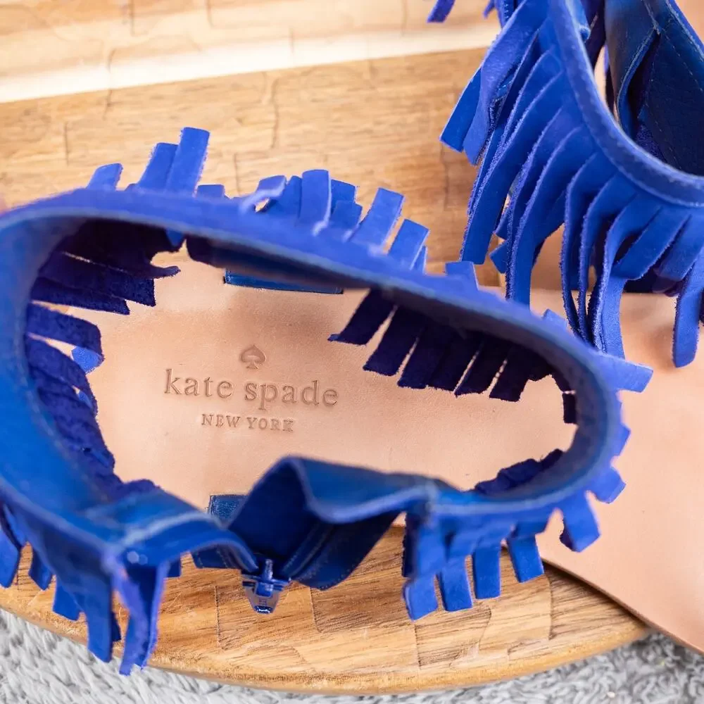 Kate Spade Sunset Suede Blue Flat Fringe Sandals‎ | Women's 9 M